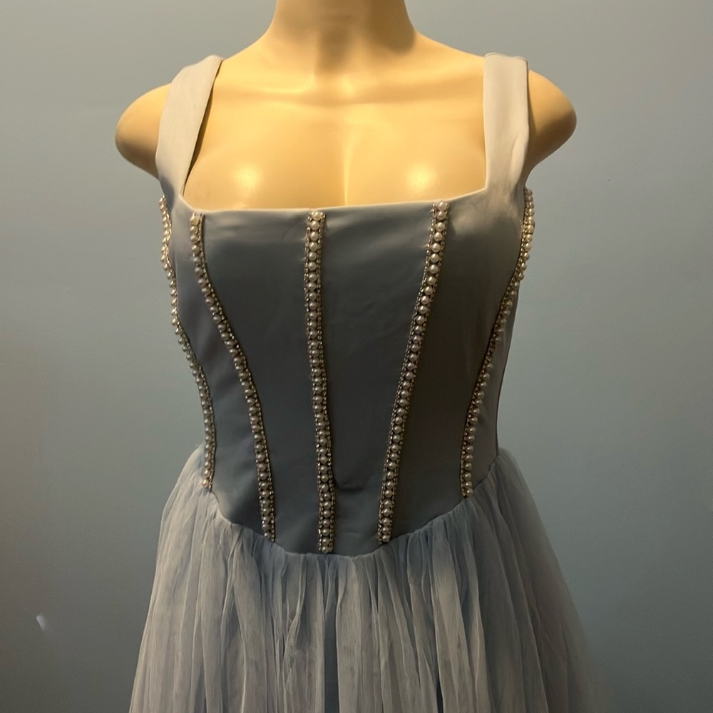 long blue dress with scarf